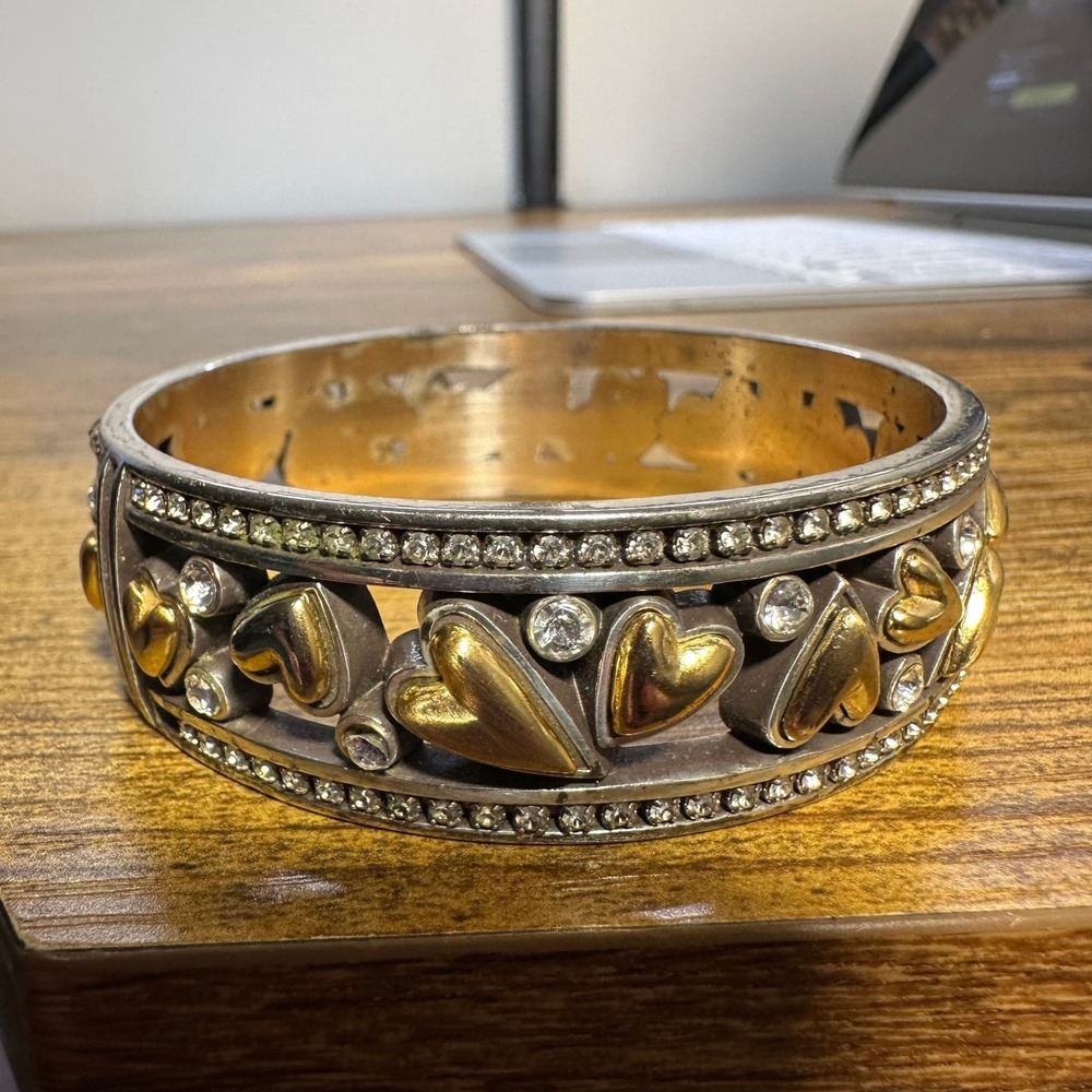 Brighton Two Tone Heart Bangle Bracelet Silver Gold Crystal Accents Filigree